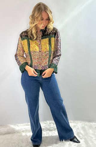 Boho patchwork floral button-down cropped top with crochet hem and sleeve details