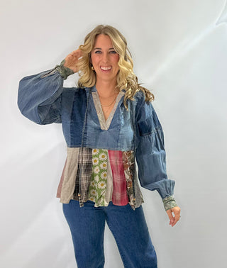 Denim Patchwork V-Neck hoodie top with relaxed fit and puff button sleeves