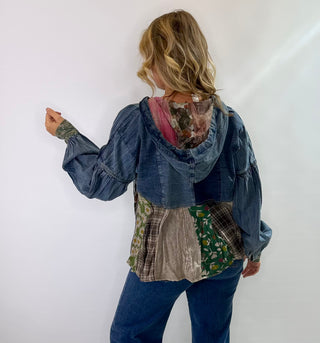Denim Patchwork V-Neck hoodie top with relaxed fit and puff button sleeves
