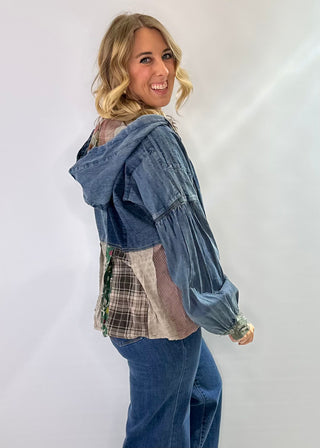 Denim Patchwork V-Neck hoodie top with relaxed fit and puff button sleeves