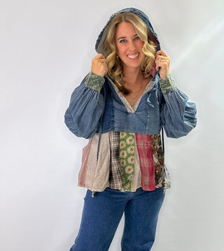 Denim Patchwork V-Neck hoodie top with relaxed fit and puff button sleeves