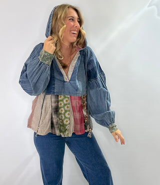 Denim Patchwork V-Neck hoodie top with relaxed fit and puff button sleeves