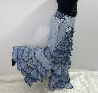 Tiered Ruffle denim bell bottom pants with elastic waistband and retro flare design and side pockets. 