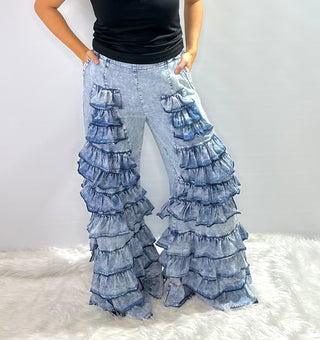 Tiered Ruffle denim bell bottom pants with elastic waistband and retro flare design and side pockets. 
