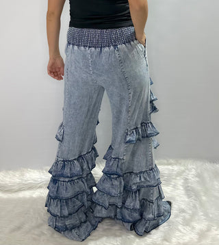 Tiered Ruffle denim bell bottom pants with elastic waistband and retro flare design and side pockets. 