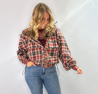 Red Black and Beige plaid hoodie jacket with button front, side pockets and subtle glitter thread accents