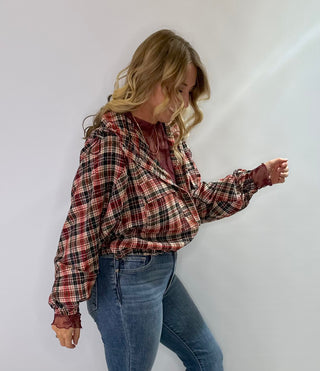 Red Black and Beige plaid hoodie jacket with button front, side pockets and subtle glitter thread accents