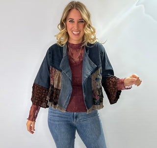 Boho Embroidered cropped bolero jacket with lapel collar and 3/4 sleeves in denim and burgundy tones