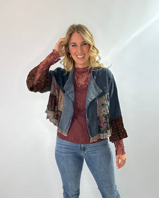 Burgundy embroidered mesh mock neck top with sheer fabric and elegant detailing