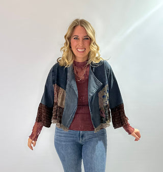 Boho Embroidered cropped bolero jacket with lapel collar and 3/4 sleeves in denim and burgundy tones