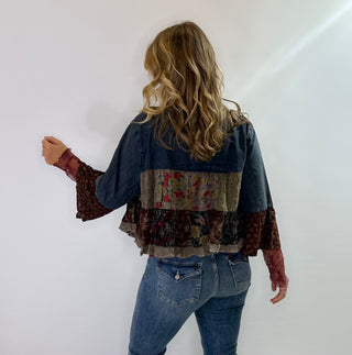 Boho Embroidered cropped bolero jacket with lapel collar and 3/4 sleeves in denim and burgundy tones