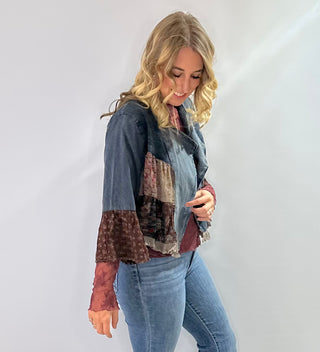 Boho Embroidered cropped bolero jacket with lapel collar and 3/4 sleeves in denim and burgundy tones