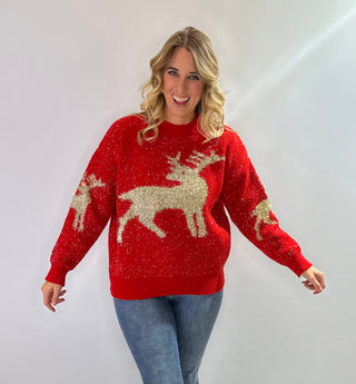 Red Christmas Sweater, crewneck with gold thread jacquard reindeer pattern