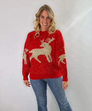 Red Christmas Sweater, crewneck with gold thread jacquard reindeer pattern