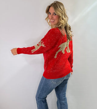 Red Christmas Sweater, crewneck with gold thread jacquard reindeer pattern