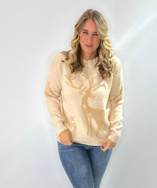 Beige crewneck sweater with snowflake and fawn jacquard holiday print long sleeve knit 