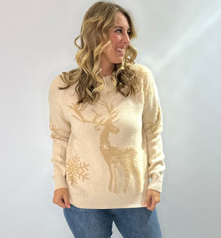 Beige crewneck sweater with snowflake and fawn jacquard holiday print long sleeve knit 