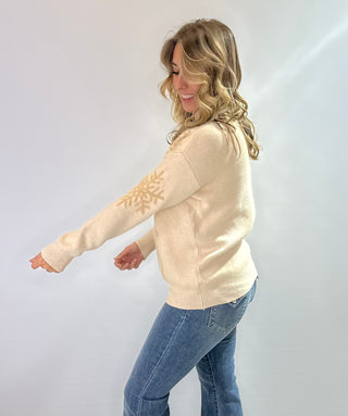 Beige crewneck sweater with snowflake and fawn jacquard holiday print long sleeve knit 