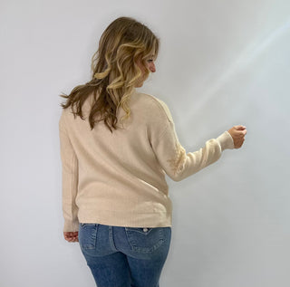 Beige crewneck sweater with snowflake and fawn jacquard holiday print long sleeve knit 