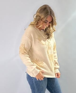 Beige crewneck sweater with snowflake and fawn jacquard holiday print long sleeve knit 
