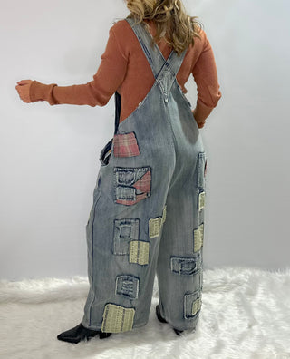 Blue Velvet Wildflower Roads Overalls in vintage-washed denim with boho embroidery, patchwork details, and oversized relaxed fit