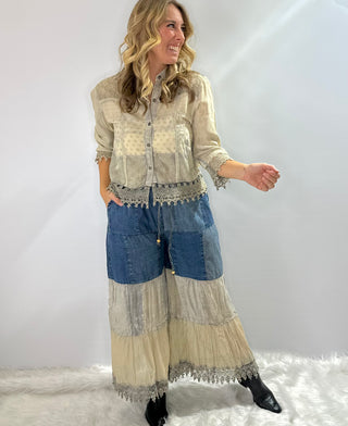 Cream and Denim boho patchwork tiered pants with lace inserts and elastic tie front waistband