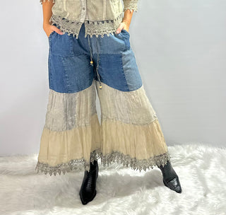 Cream and Denim boho patchwork tiered pants with lace inserts and elastic tie front waistband