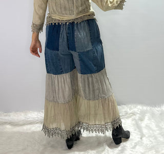 Cream and Denim boho patchwork tiered pants with lace inserts and elastic tie front waistband
