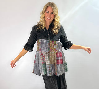 Modern western black bohemian tiered button front tunic with ruffle 3/4 sleeves and collar