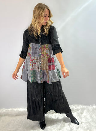 Modern western black bohemian tiered button front tunic with ruffle 3/4 sleeves and collar