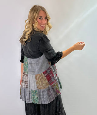 Modern western black bohemian tiered button front tunic with ruffle 3/4 sleeves and collar
