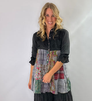 Modern western black bohemian tiered button front tunic with ruffle 3/4 sleeves and collar