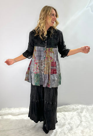 Modern western black bohemian tiered button front tunic with ruffle 3/4 sleeves and collar