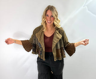 Boho embroidered bolero cropped jacket with lapel collar and 3/4 sleeves in brown and rich fall colors