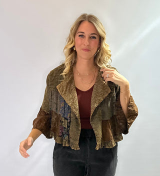 Boho embroidered bolero cropped jacket with lapel collar and 3/4 sleeves in brown and rich fall colors