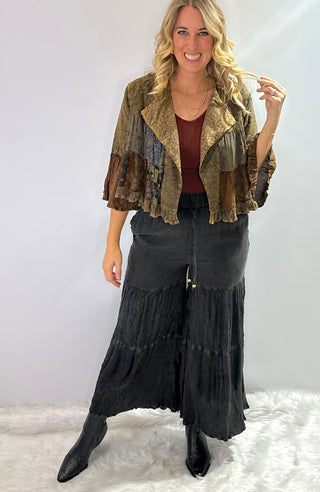 Black tiered wide-leg elastic waist bohemian pants with a matching modern western tunic.