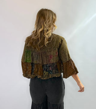 Boho embroidered bolero cropped jacket with lapel collar and 3/4 sleeves in brown and rich fall colors