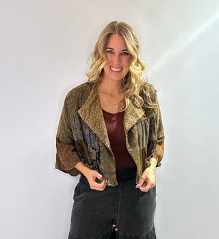 Boho embroidered bolero cropped jacket with lapel collar and 3/4 sleeves in brown and rich fall colors