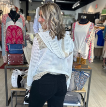 POL button front hoodie with white knit and floral pattern, boho, tie bottom 
