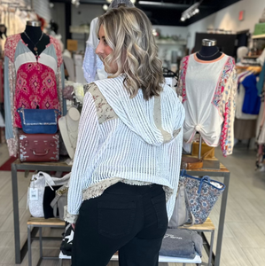 POL button front hoodie with white knit and floral pattern, boho, tie bottom 