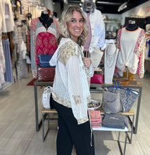 POL button front hoodie with white knit and floral pattern, boho, tie bottom 