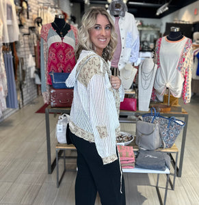 POL button front hoodie with white knit and floral pattern, boho, tie bottom 