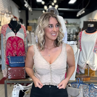 POL Lace Detail Crop ribbed tank, button front in almond 