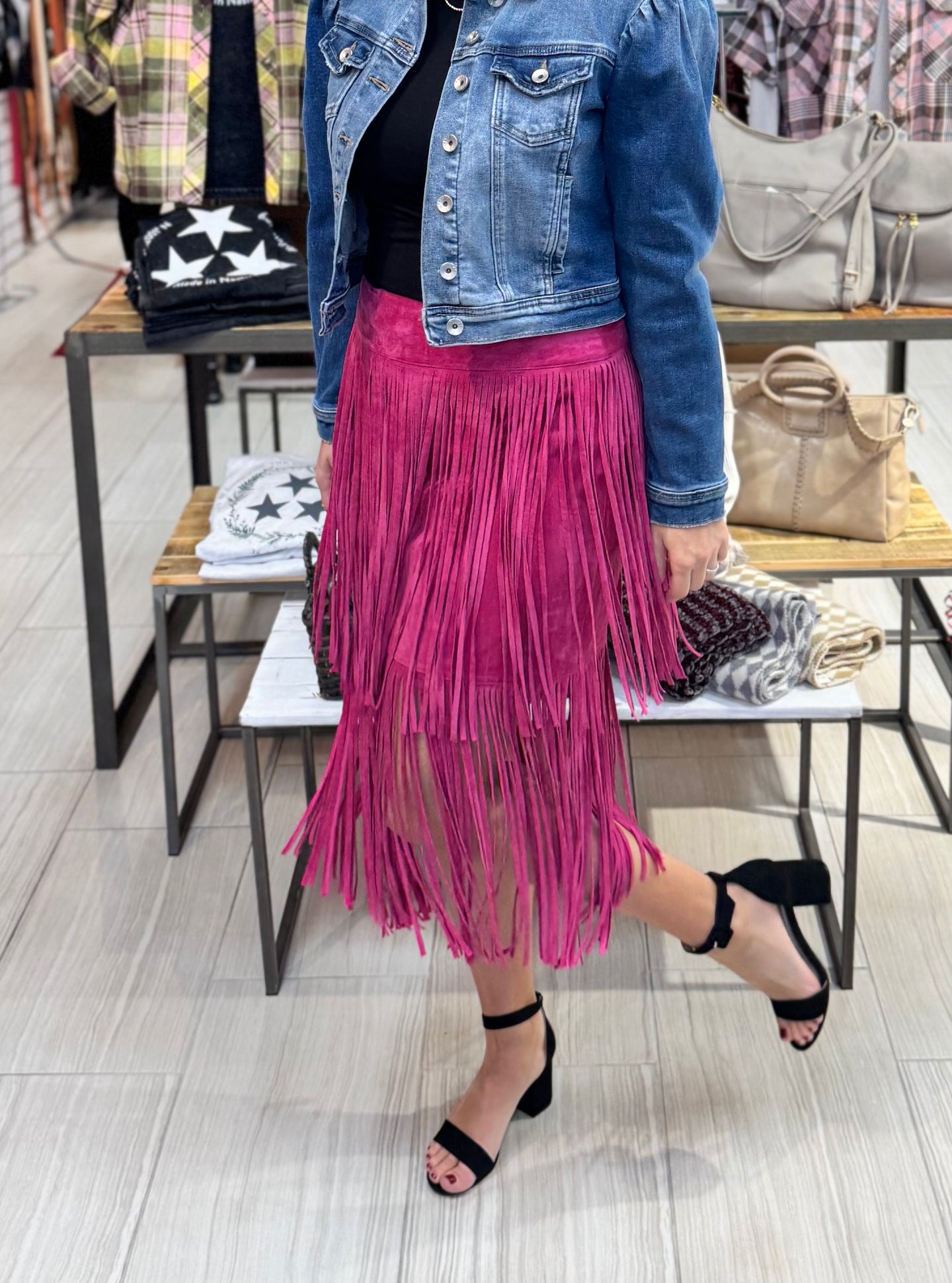 Pink suede fringe skirt