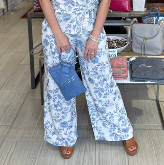 Linen Blossom wide leg pant with elastic waist band Linen and denim blue in color