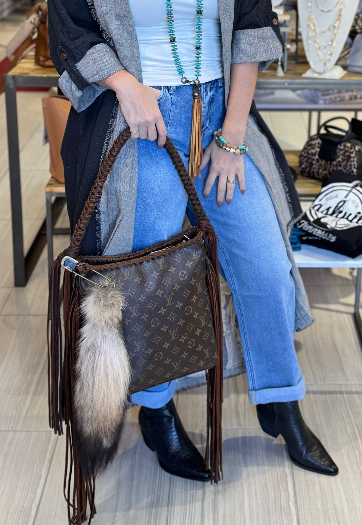 Keep It Gypsy Authentic LV Lavish Revamped Leather Monogram Canvas with Fringe Ornamental Fox Tail Safety Pin