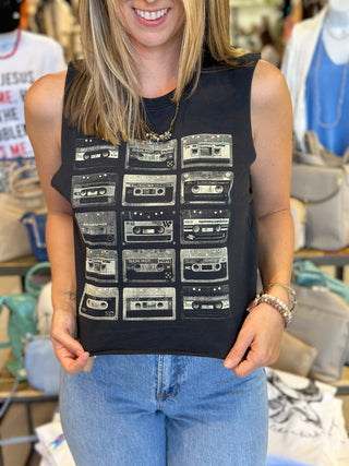 Cassette Tape Muscle Tank Crop Tee - White Lily Boutique