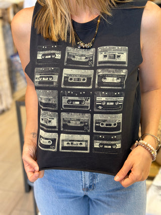Cassette Tape Muscle Tank Crop Tee - White Lily Boutique