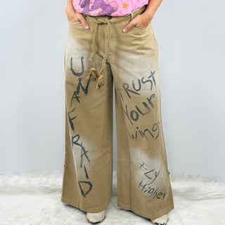 Sky Bound Pants, Beige with Graphic Text by Rare Bird