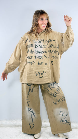 Sky Bound Pants, Beige with Graphic Text by Rare Bird